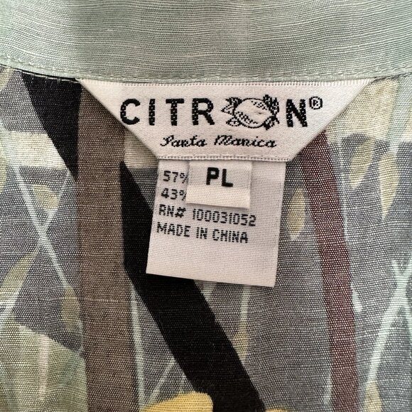 Citron Santa Monica Floral Top L Petite Green Silk Linen Button up Asian Art - Picture 3 of 11